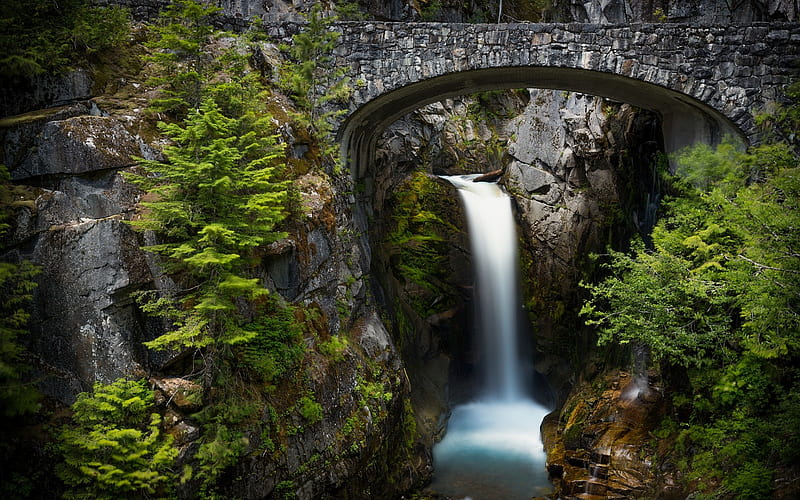 waterfall, rock, old stone bridge, forest, beautiful waterfall, river, HD wallpaper