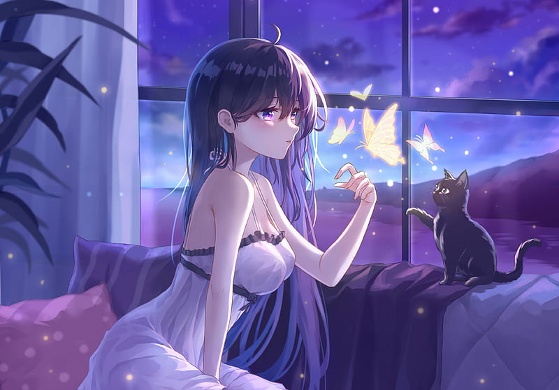 Anime, Girl, Butterfly , Cat, HD wallpaper