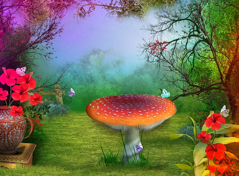 Beauty of Nature, flowers, blossoms, fly agaric, butterflies, trees, artwork, HD wallpaper