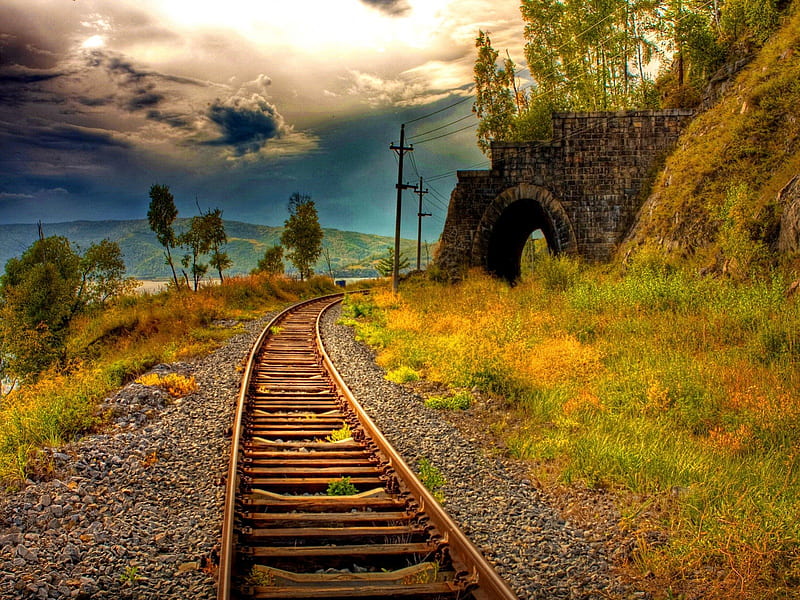 Mountain railway, rocks, autumn, golden, yellow, bonito, sky, clouds, mountain, railway, summer, nature, tunnel, HD wallpaper