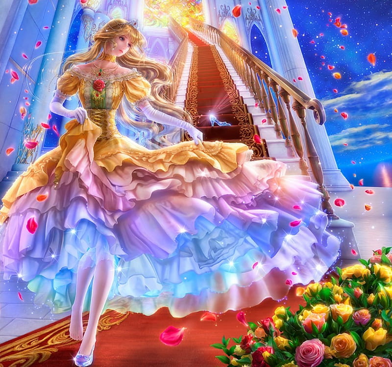 Glass Slipper, dress, blond, divine, bonito, sublime, elegant, floral, sweet, staircase, blossom, nice, fantasy, stair, beauty, long hair, female, lovely, gown, blonde, blonde hair, blond hair, girl, flower, petals, lady, angelic, maiden, HD wallpaper