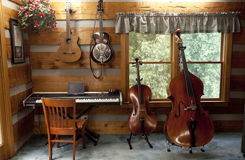 Instruments, cello, violin, window, guitar, chair, piano, HD wallpaper