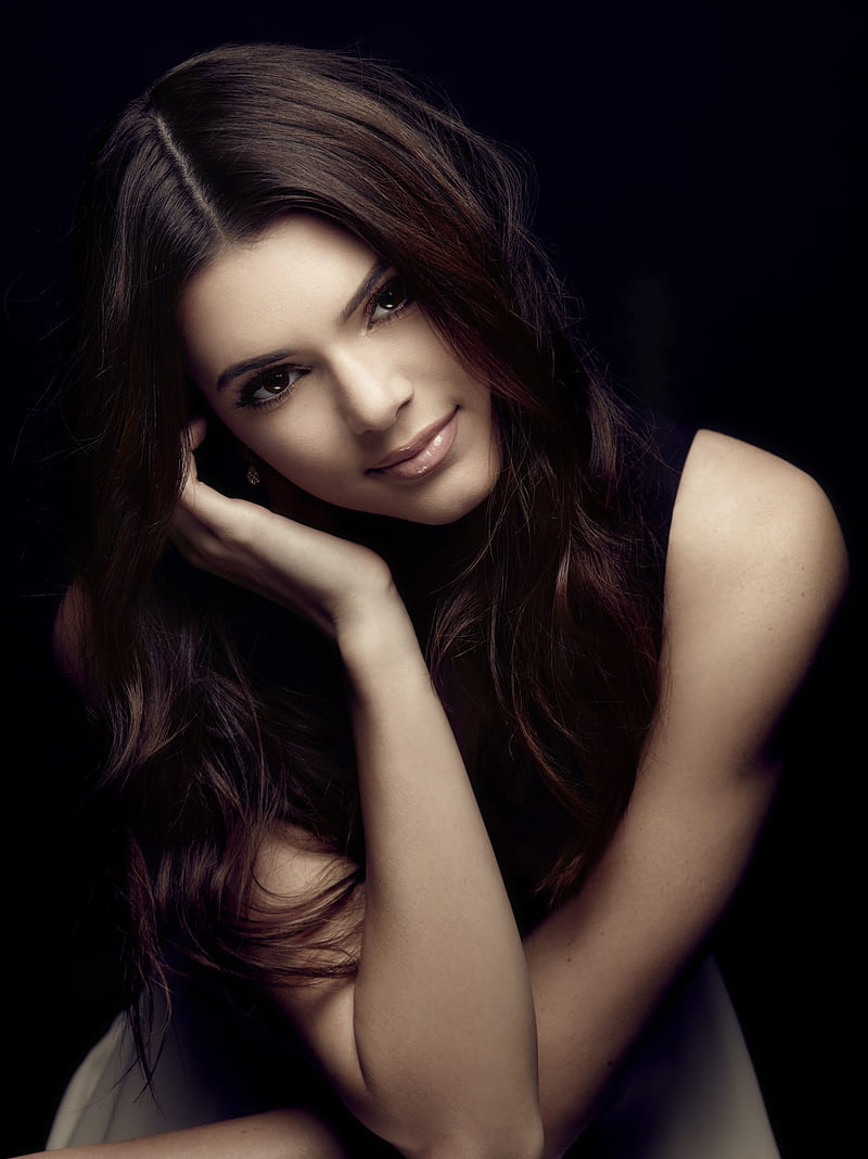 Kendall Jenner, women, brunette, long hair, dark hair, face, portrait, dark background, simple background, looking at viewer, model, HD phone wallpaper