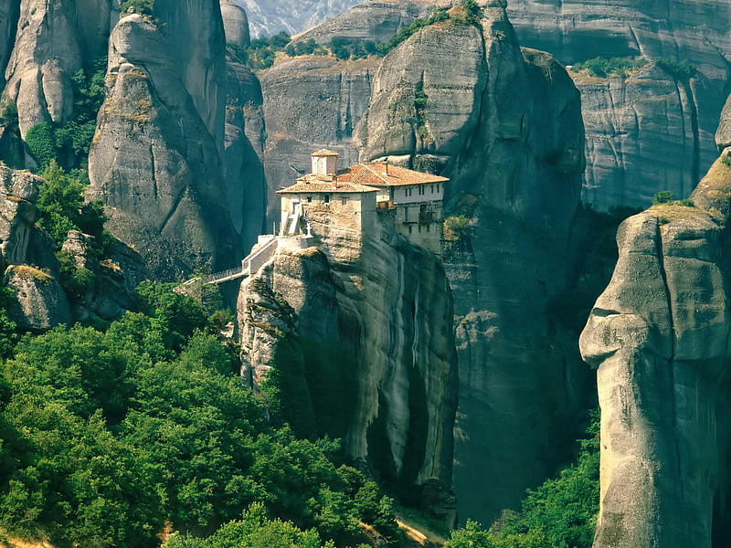 Roussanou monastery, Greece, hills, greece, house, rock monastery, mountain, cool, cliffs, on top, HD wallpaper
