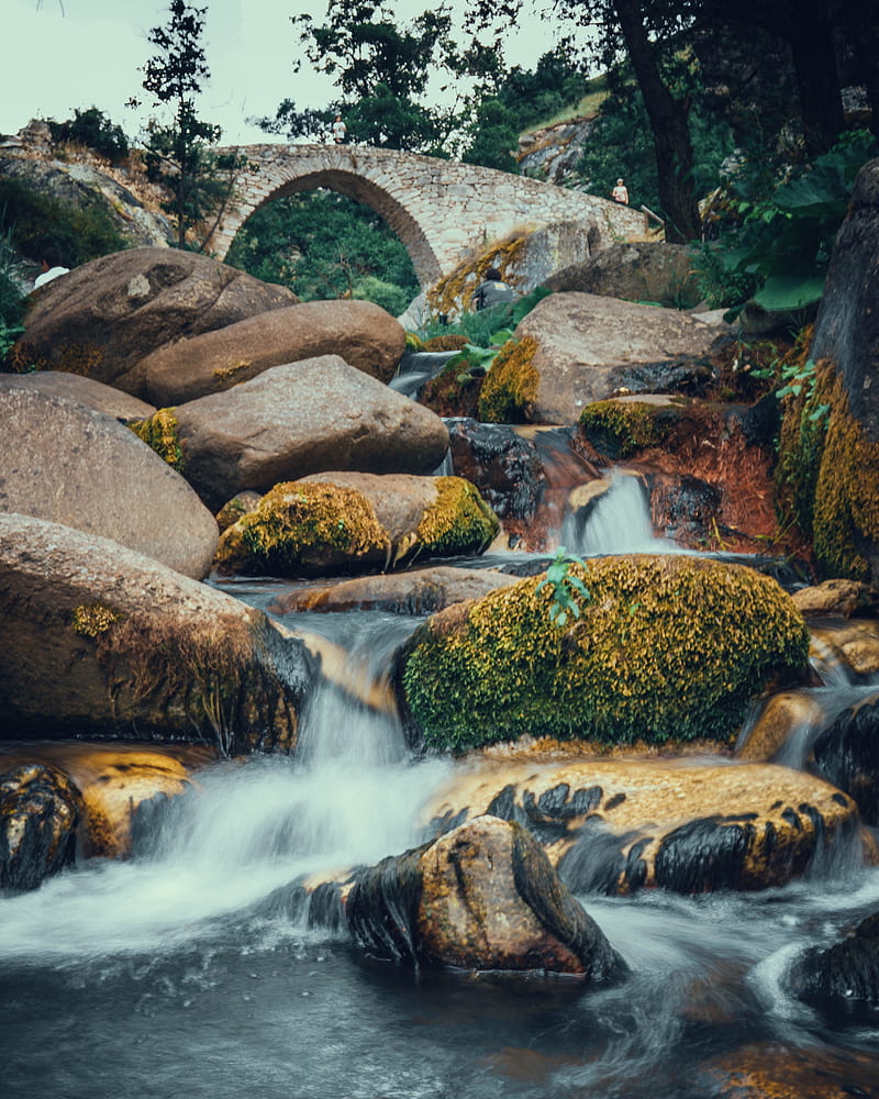 stones, rocks, river, bridge, water, HD phone wallpaper