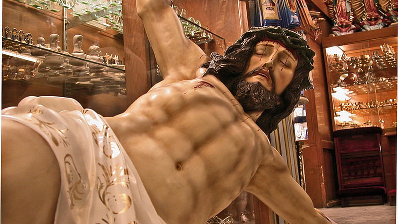 Statue of Jesus, shop, procession, Easter, crusifixion, statue, religion, Holy, HD wallpaper