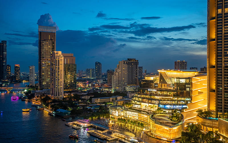 Bangkok, skyscrapers, evening, modern buildings, Thailand, Chao Phraya River, Samphanthawong District, HD wallpaper