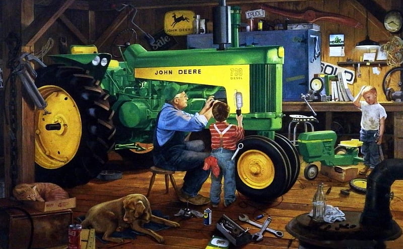 John Deere, boy, painting, restauration, man, shed, artwork, dog, HD wallpaper