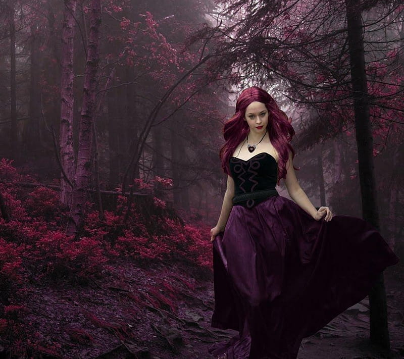 Gothic Forest Lady, dark, eerie, girl, path, red, trail, trees, woman, HD wallpaper