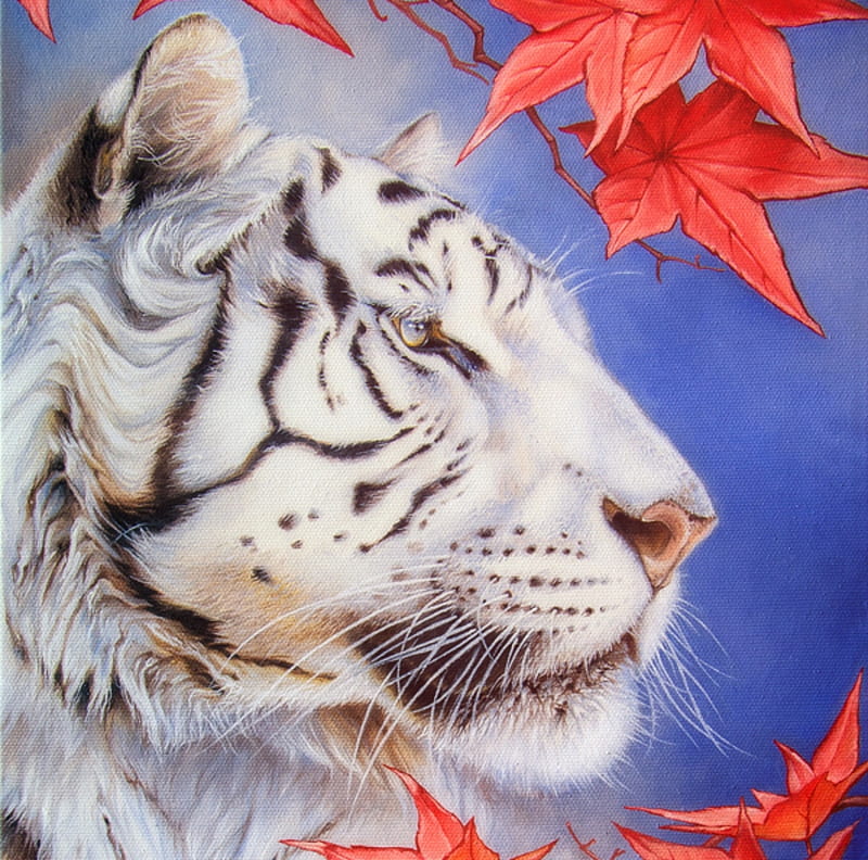 Tiger, red, white tiger, art, autumn, luminos, orange, toamna, irenadem, leaf, fantasy, painting, tigru, pictura, blue, HD wallpaper