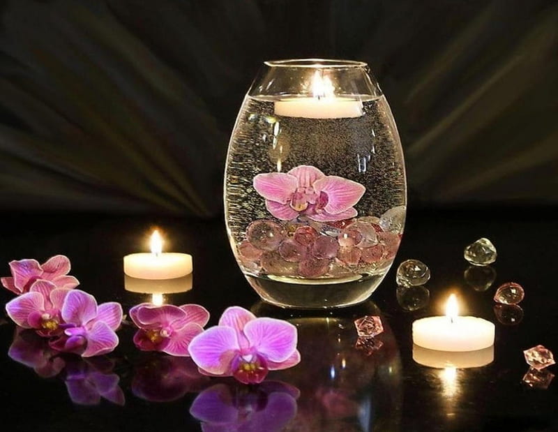 Beauty of orchids in candlelight, background, candlelight, bowls, transparency, orchids, elegance, colored, flowers, beauty, reflection, pink, colors, black, soft, candles, glass, water, vases, dark, nature, HD wallpaper