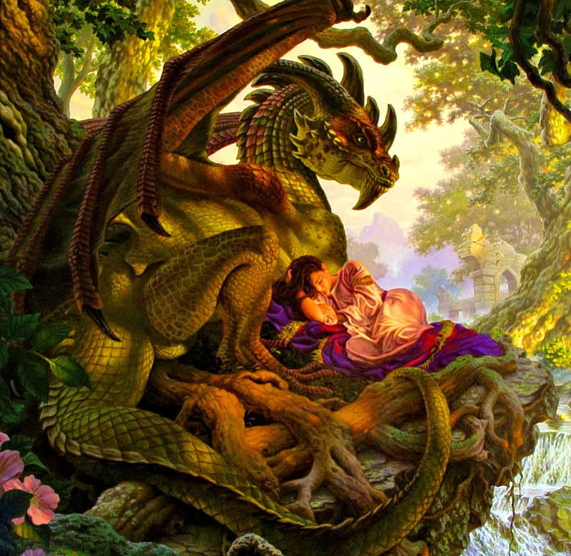 Safe, fantasy, magic, dragon, girl, HD wallpaper