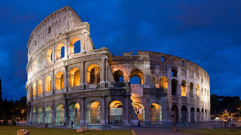 Colosseum, architecture, monuments, bonito, rome, sky, clouds, lights, italy, night, HD wallpaper