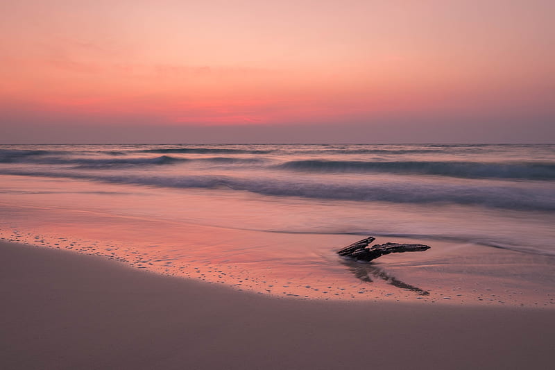 ocean, coast, sunset, cobble, sand, horizon, HD wallpaper