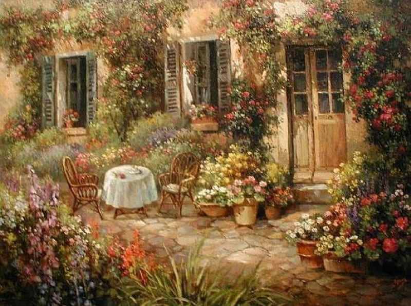 Mediterranean Garden, table, Mediteran, painting, garden, nature, HD wallpaper