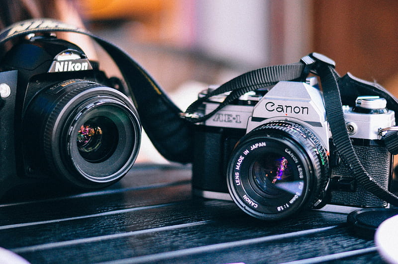 black Canon and Nikon camera in macro shot graphy, HD wallpaper