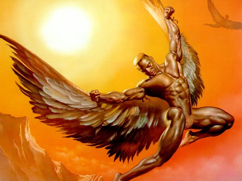 Soaring, wings, male, sun, angel, man, sky, boris vallejo, winged, muntain, HD wallpaper