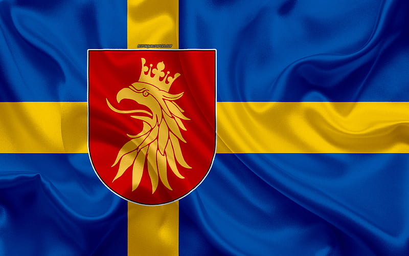 Coat of arms of Skane lan silk flag, Swedish flag, Skane County, Sweden, flags of the Swedish lan, silk texture, Skane lan, coat of arms, HD wallpaper
