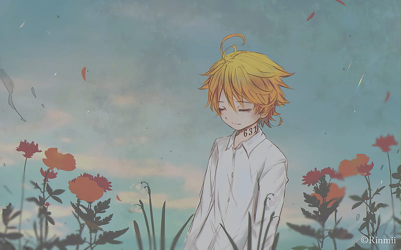 yakusoku no neverland, emma, blond, closed eyes, flowers, scenic, Anime, HD wallpaper