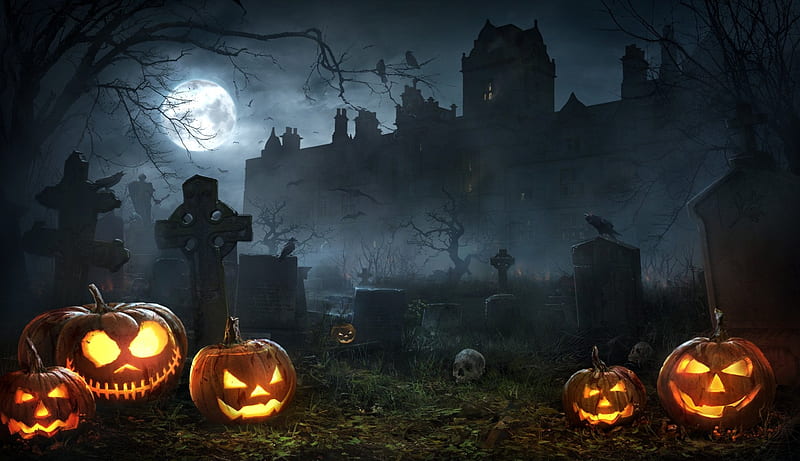 Halloween Night, graveyard, moon, castle, pumpkins, scary, HD wallpaper