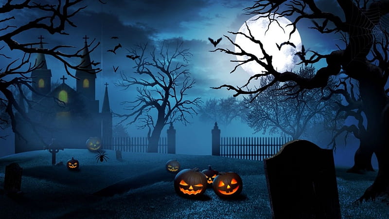 Halloween Cemetery, fence, bats, jack o lanterns, cemetery, tombstones, church, trees, spider, clouds, fog, moon, full moon, crosses, graveyard, Halloween, pumpkins, HD wallpaper