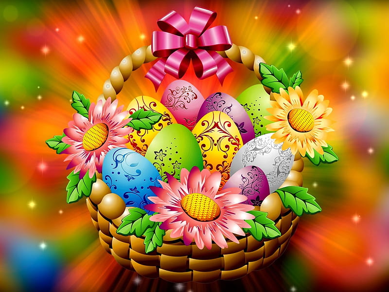 Happy Easter!, pretty, colorful, holiday, background, bonito, easter, spring, happy, basket, eggs, flowers, hop, HD wallpaper