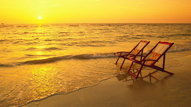 Two Wooden Chairs On Beach Sand Water During Sunrise Lounge, HD wallpaper