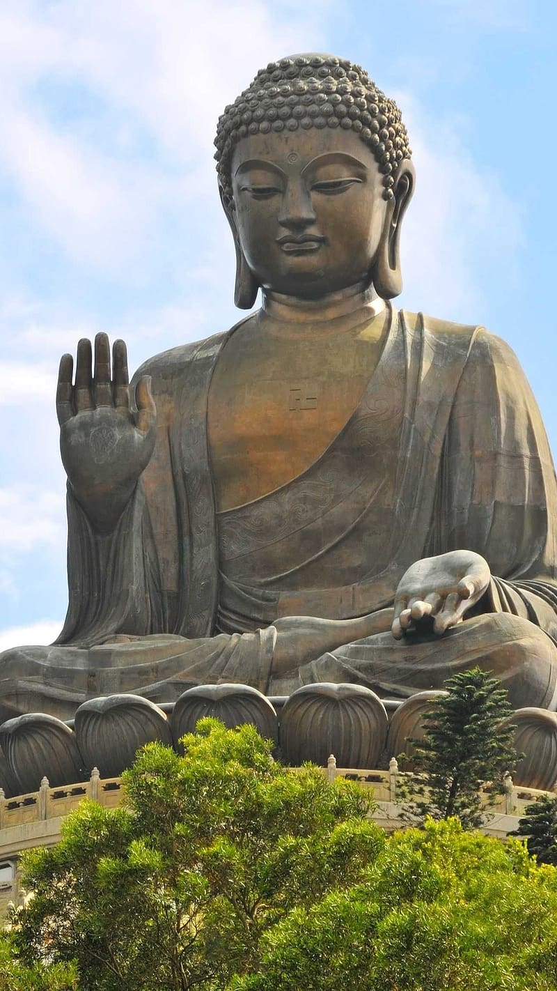 Buddha , Big Statue Behind Trees, lord buddha, god, meditation, biggest statue, HD phone wallpaper