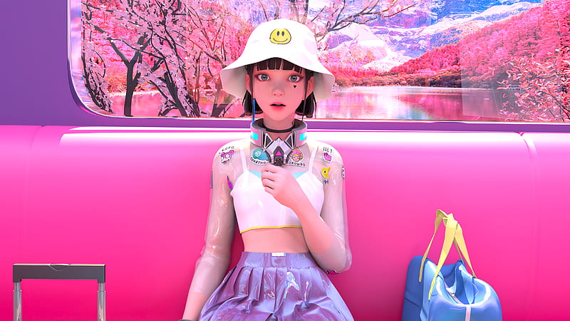 Subway Train On Pink Day , anime-girl, anime, artist, artwork, digital-art, synthwave, HD wallpaper