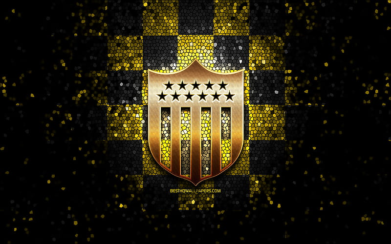 PenarolFC, glitter logo, Uruguayan Primera Division, yellow black checkered background, soccer, uruguayan football club, Penarol logo, mosaic art, football, Club Atletico Penarol, CA Penarol, HD wallpaper