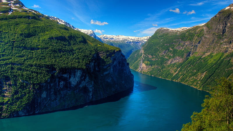 Geirangerfjord, Norway, Geirangerfjord, Long narrow inlet, Steep sides, River, Formed by glacial erosion, Fjord, Cliffs, HD wallpaper