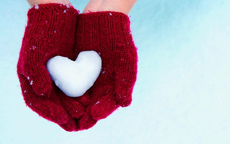 I love winter, snow, winter, red mittens, HD wallpaper