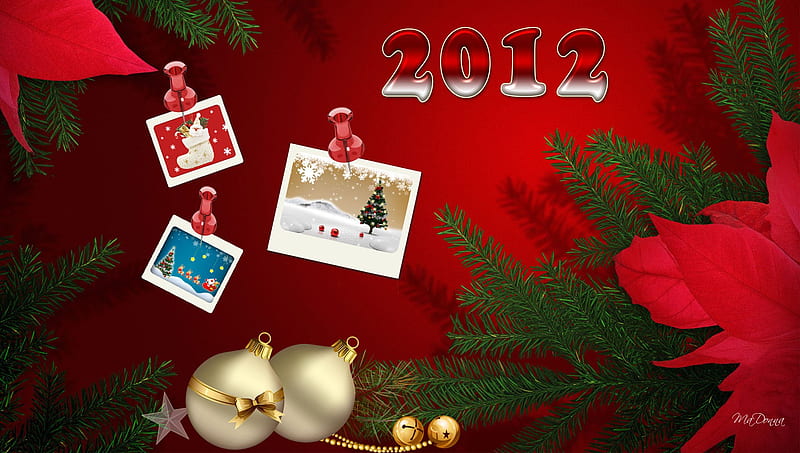 Happy 2012, christmas, new years 2012, firefox persona, winter, gold balls, pine, decorations, fir, poinsettia, spruce, HD wallpaper