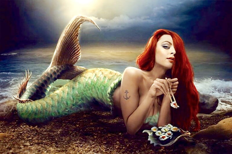 Jessica Rabbit Mermaid, pretty, redhead, jessica rabbit, ocean, Lovely, sea, Sushi, fantasy, Mermaids, HD wallpaper