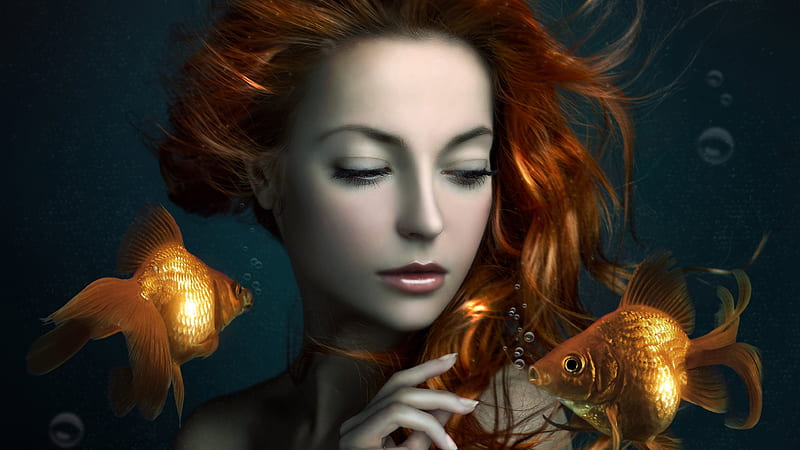 Mermaid, siren, face, redhead, fish, luminos, lora vysotskaya, fantasy, gold, vara, hand, summer, HD wallpaper