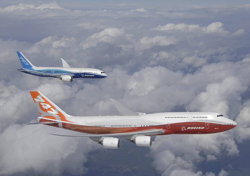 Boeing 787 DL and 747-8i, aircraft, dream liner, airplane, boeing, jumbo jet, HD wallpaper
