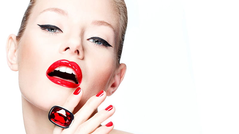 Beauty, red, model, hand, jewel, face, ring, lips, woman, HD wallpaper Beauty, red, model, hand, jewel, face, ring, lips, woman, HD wallpaper