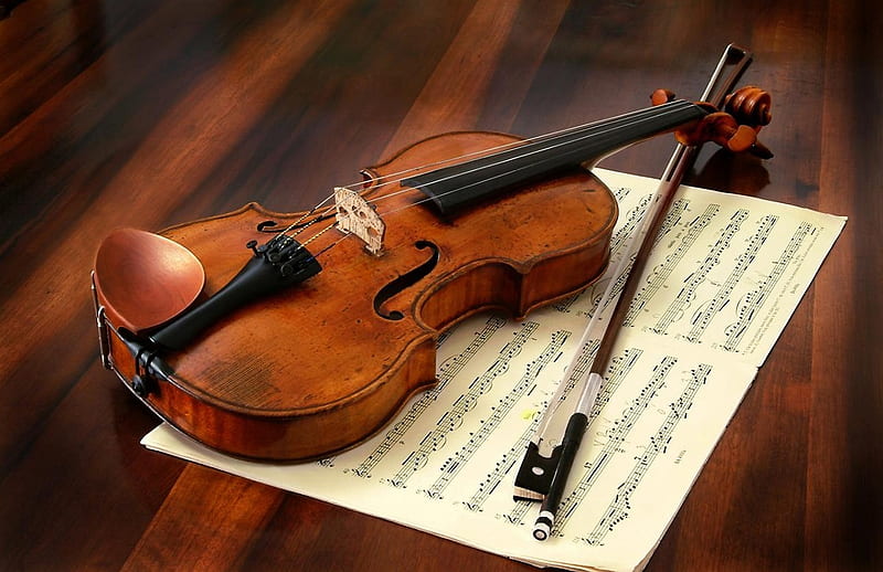 Stradivarius, table, violin, bow, sheet music, strings, HD wallpaper