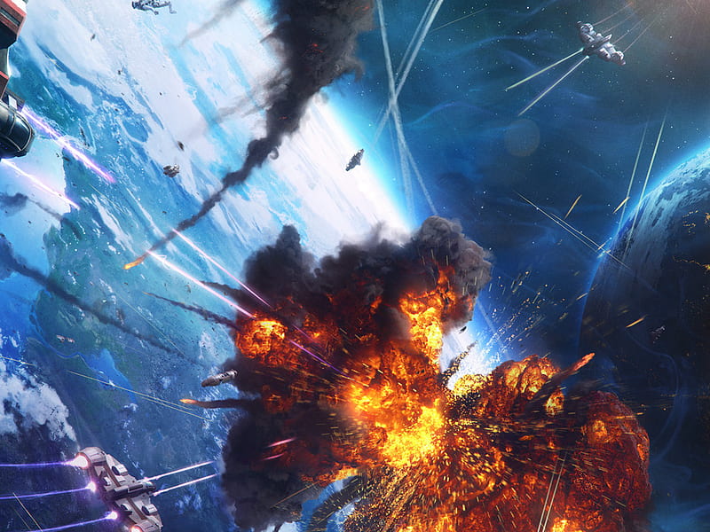 the battle, stars, moon, debris, planet, explosion, fighters, HD wallpaper