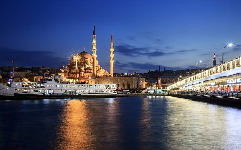 Yeni Cami, nightscapes, Galata Bridge, Istanbul, Turkey, HD wallpaper