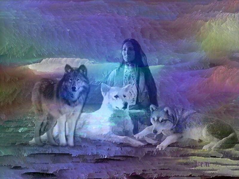 Wolves And Native American Girl, art, girl, nature, native, america, wolf, wolves, animals, dogs, HD wallpaper