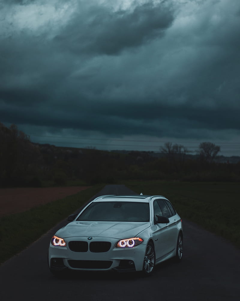 bmw, car, white, road, twilight, HD phone wallpaper