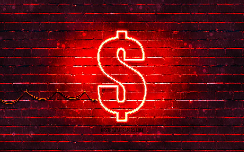 Dollar red sign red brickwall, Dollar sign, currency signs, Dollar neon sign, Dollar, HD wallpaper