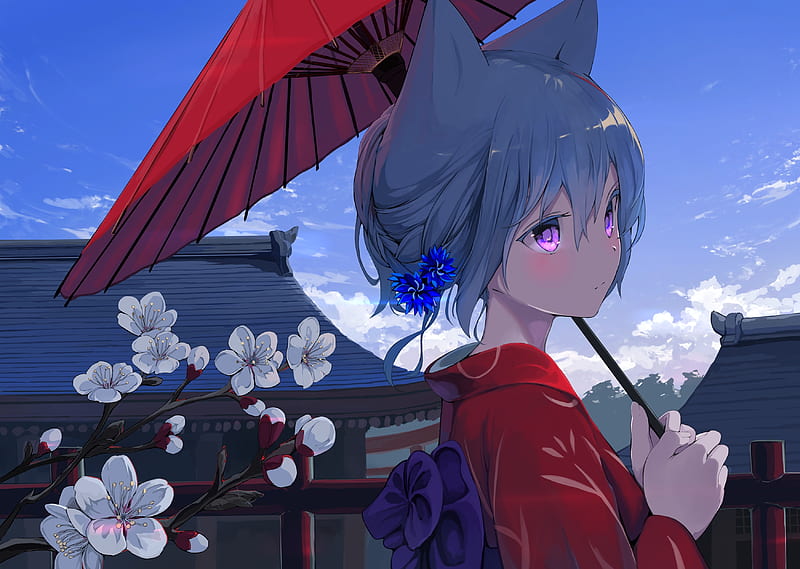 cute anime girl, short hair, animal ears, clouds, profile view, kimono, Anime, HD wallpaper