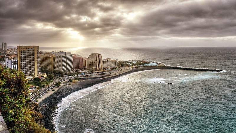 puerto de la cruz on tenerife island spain, beach, city, clouds, sea, HD wallpaper