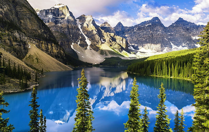 Calm blue lake, reflection, rocks, view, glacier, bonito, mountain, tranquil, calm, serenity, national park, Moraine, Banff, jewel, HD wallpaper