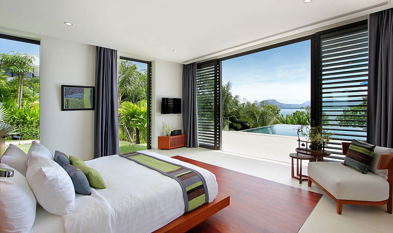 Luxury Tropical Modern Contemporary Bedroom with Sea View - Polynesia, polynesia, bedroom, sea, bed, modern, swimming, luxury, exotic, islands, contemporary, ocean, hawaii, pool, paradise, island, tropical, hawaiian, HD wallpaper