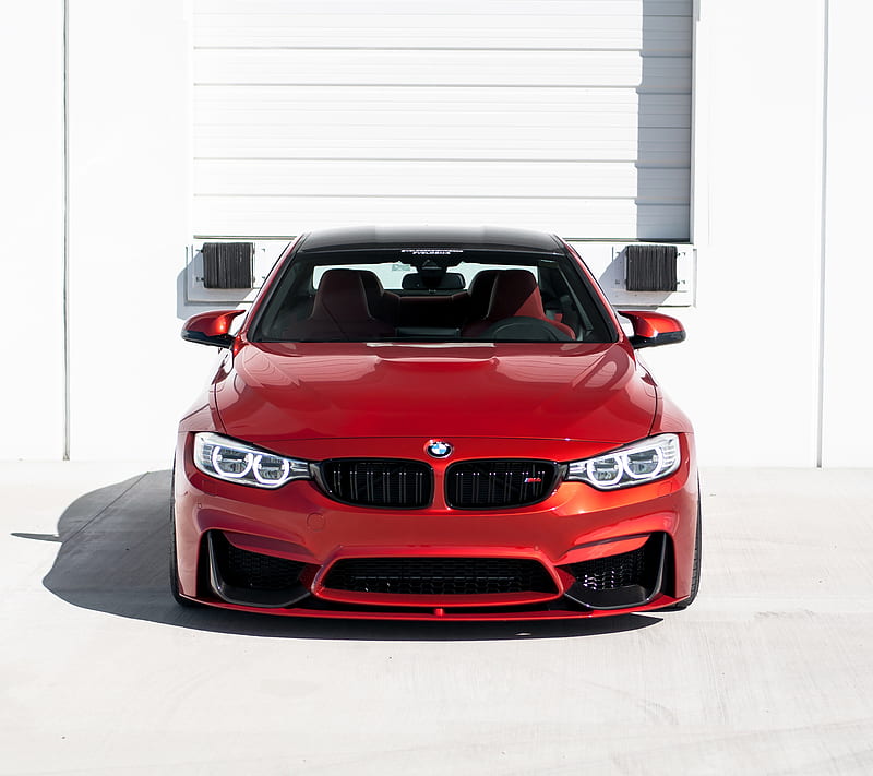 BMW M4, car, coupe, front view, red, tuning, velos designwerks, HD wallpaper