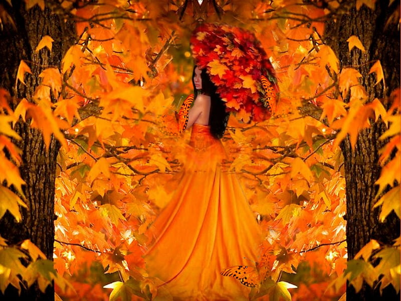 Autumn Color Mix, colorful, black, vibrant, girl, orange, Autumn, dress ...