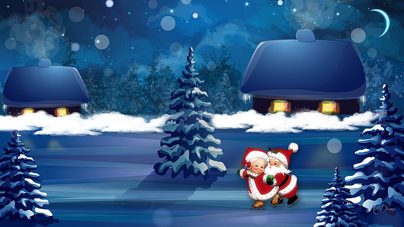Skating Santa, winter, lake, Firefox theme, house, cottage, Father Christmas, Santa Claus, trees, Mrs Claus, pond, snow, ice skating, ice, Saint Nicholas, HD wallpaper